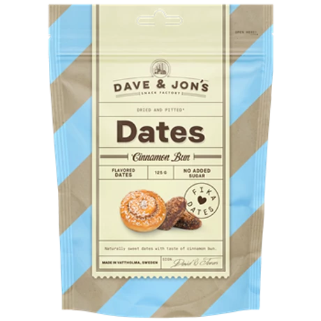 Dave & Jon`s dates cinnamon bun mag nélküli ízesített datolya fahéjas csiga ízben, hozzáadott cukor nélkül 125 g