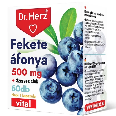 DR Herz Fekete Áfonya 500 mg + Szerves Cink 60 db kapszula doboz 