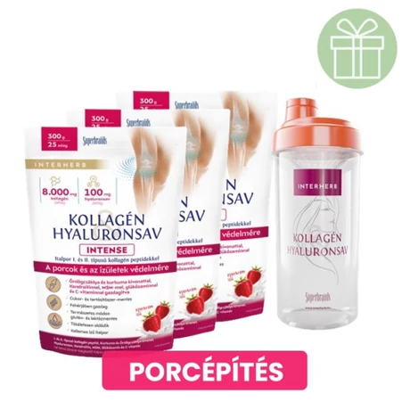 Interherb Kollagén&Hyaluronsav italpor INTENSE Eperkrém ízű 3X300g +ajánd.Shaker