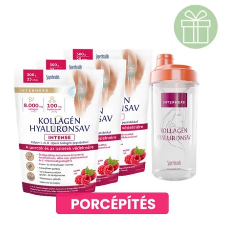 Interherb Kollagén&Hyaluronsav italpor INTENSE Málna ízű 3X300g +ajándék Shaker