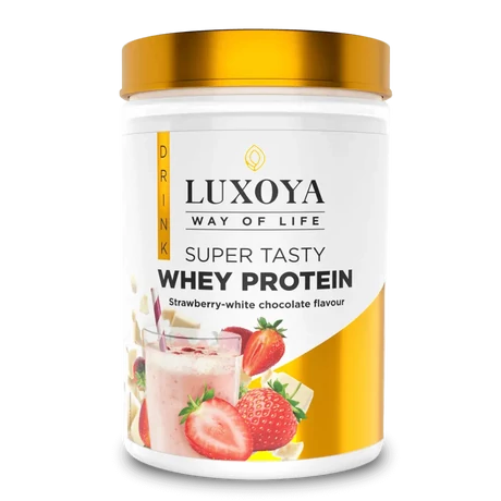 Luxoya Whey Protein Epres-fehércsoki ízű fehérje italpor 450g - dobozos