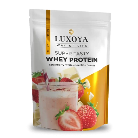 Luxoya Whey Protein Epres-fehércsoki ízű fehérje italpor 450g zacskós