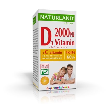 Naturland Prémium D3-vitamin Forte rágótabletta gyermekeknek C-vitaminnal 60x