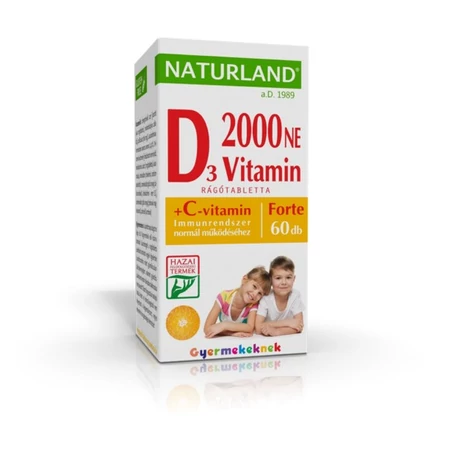 Naturland D3-vitamin forte rágótabletta gyermekeknek C-vitaminnal eper ízű 60x